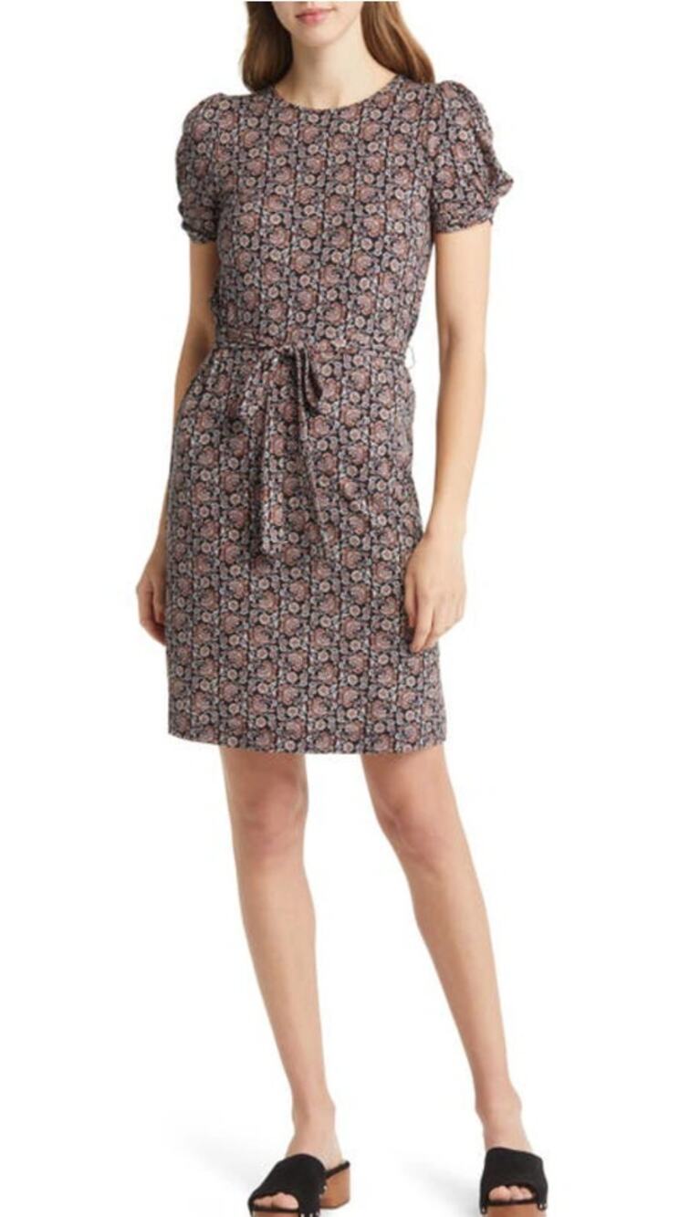 Boden Puff Sleeve Tie Waist Fit & Flare Jersey Dress Black Block Paisley Size 6